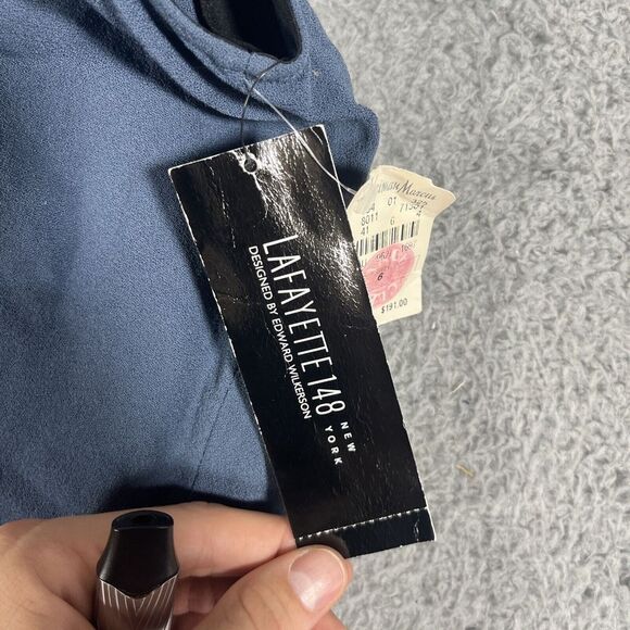 NWT Lafayette 148 Wrap Side Tie Ruffle Blue Dress Size 6 Women's Knee Length - Picture 3 of 11